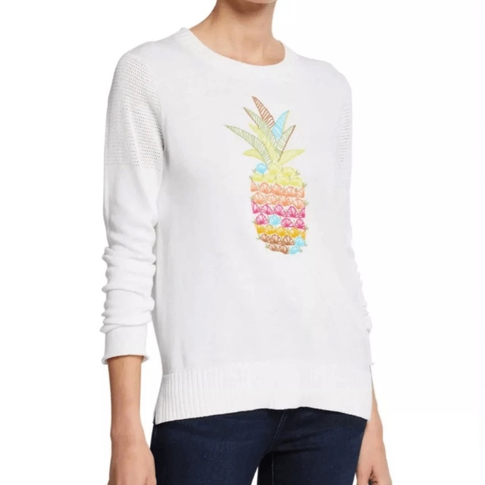 Lisa Todd You Had Me At Aloha Cotton Embroidered Pineapple Sweater in White - 2X